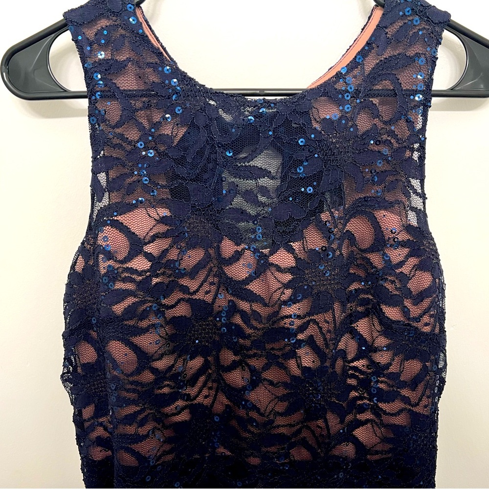 Navy Blue Sequined Evening Dress
